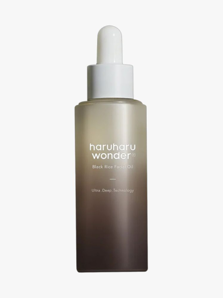 Haruharu Wonder Black Rice Facial Oil in branded dropper component on a light gray background